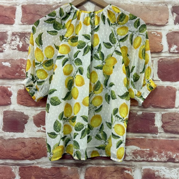 Joie Top Women's XS Yellow Citrus Lemon Print Sheer Chiffon Puff Sleeve Shirt - Picture 4 of 9